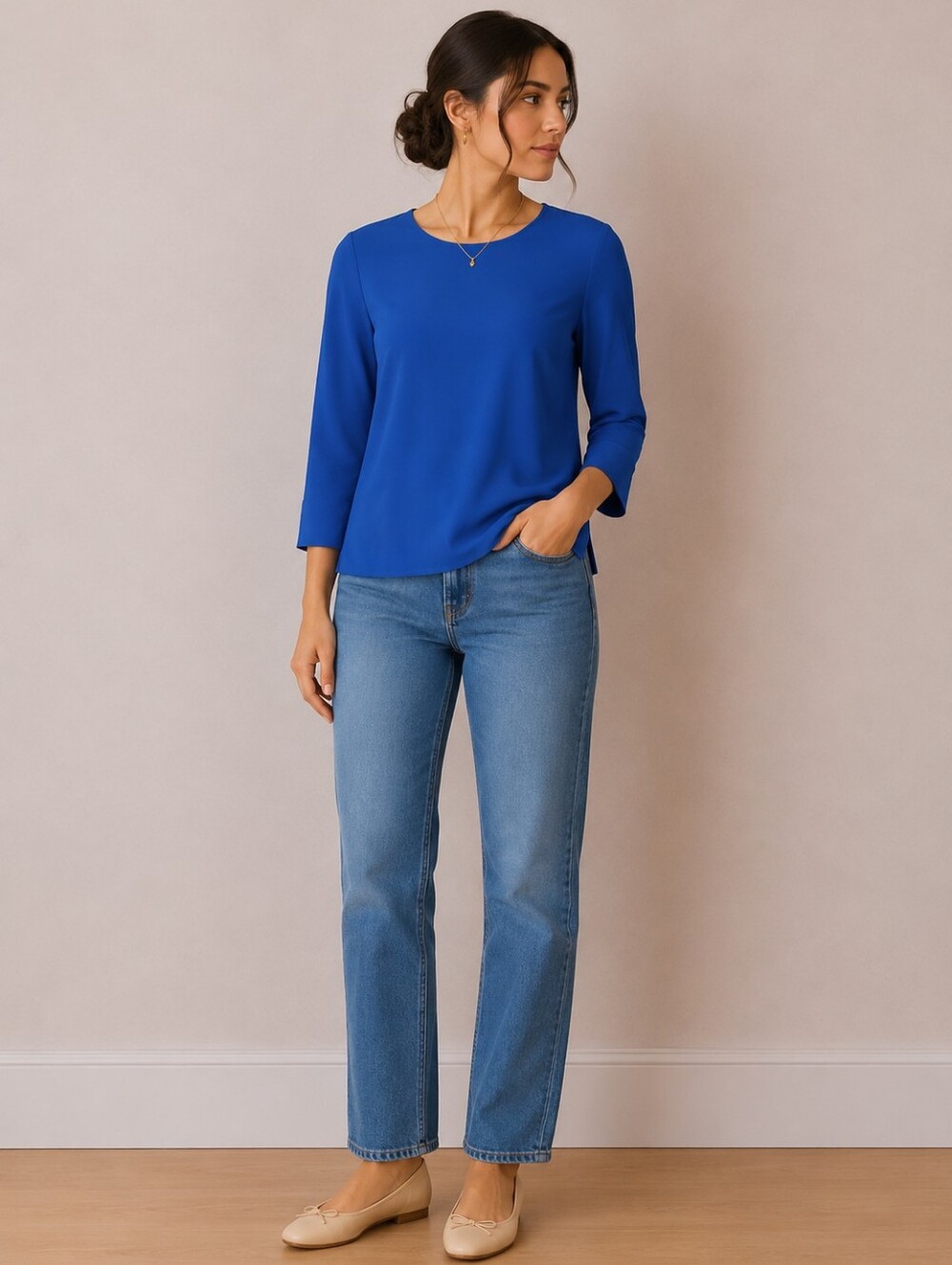 Blue 3/4 Sleeve Blouse w Zip // size 2
